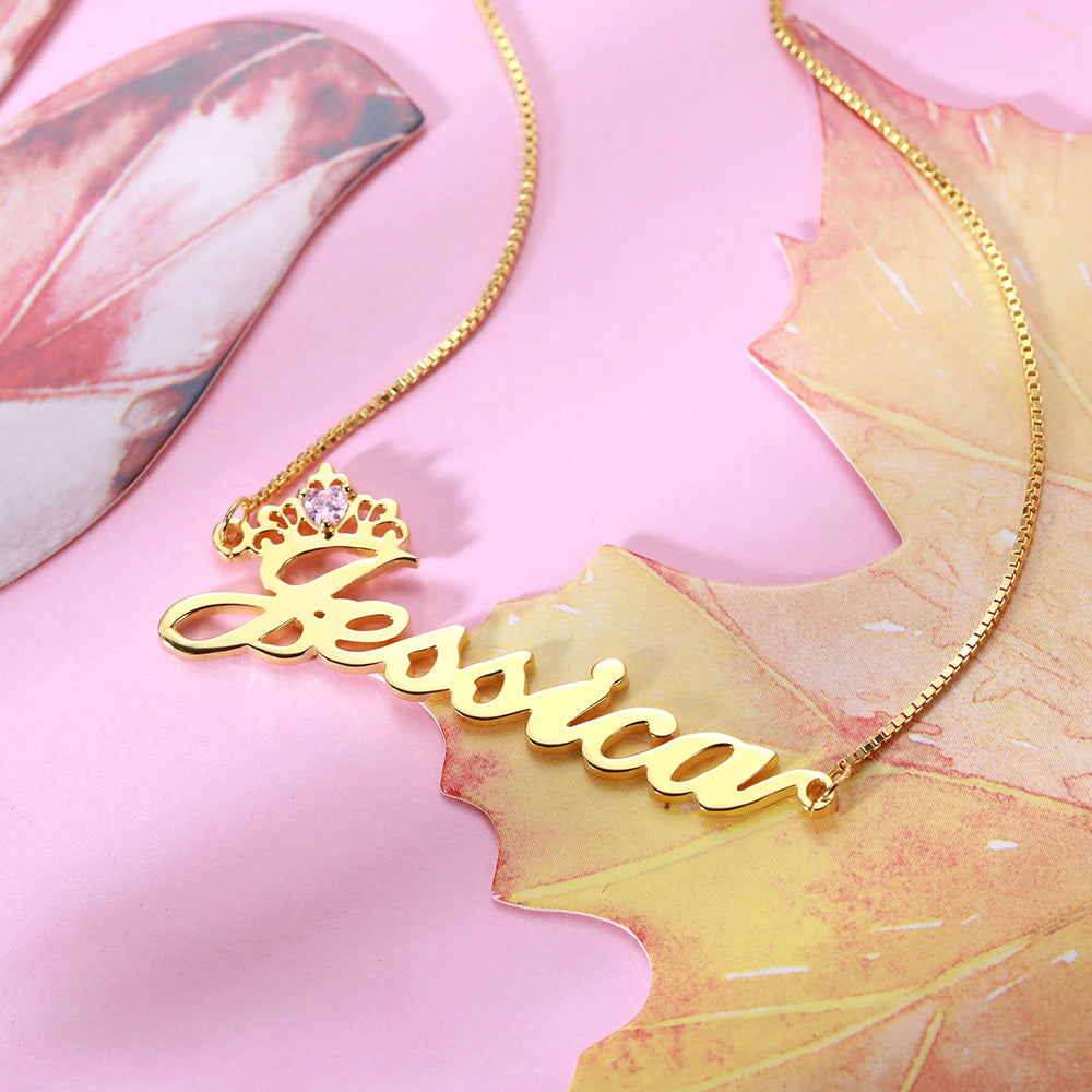 Personalized Crown Birthstone Name Necklace