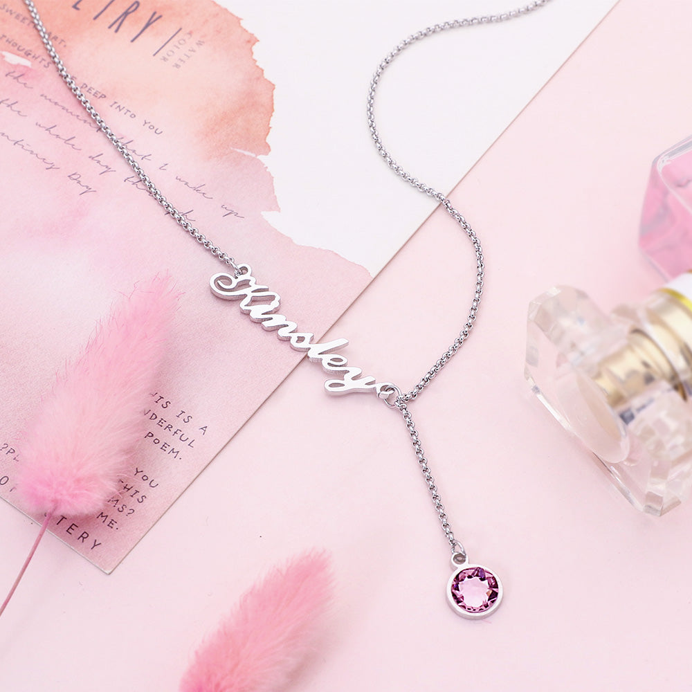 Personalized Round Birthstone Name Necklace